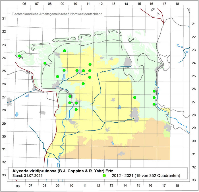 Verbreitungskarte von Alyxoria viridipruinosa Verbreitungskarte von Alyxoria viridipruinosa